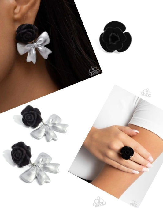 Rosette Rarity - Black Earrings and Relaxed Rosette - Black Ring