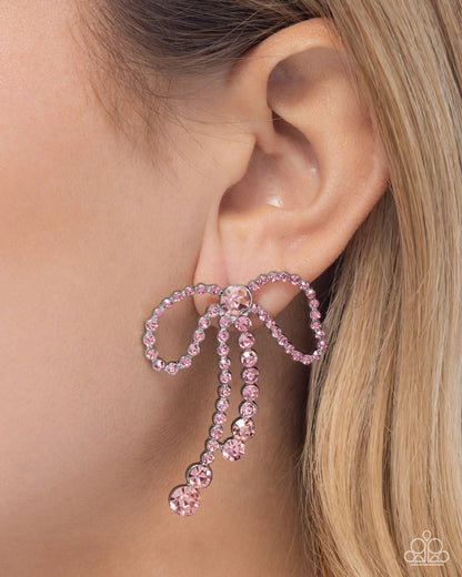 Black Tie Bow - Pink - Paparazzi Post Earrings