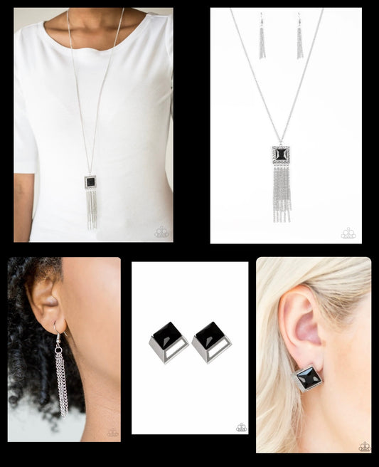 Shimmer Sensei - Black Paparazzi Necklace and Stellar Square - Black - Paparazzi Earrings Set