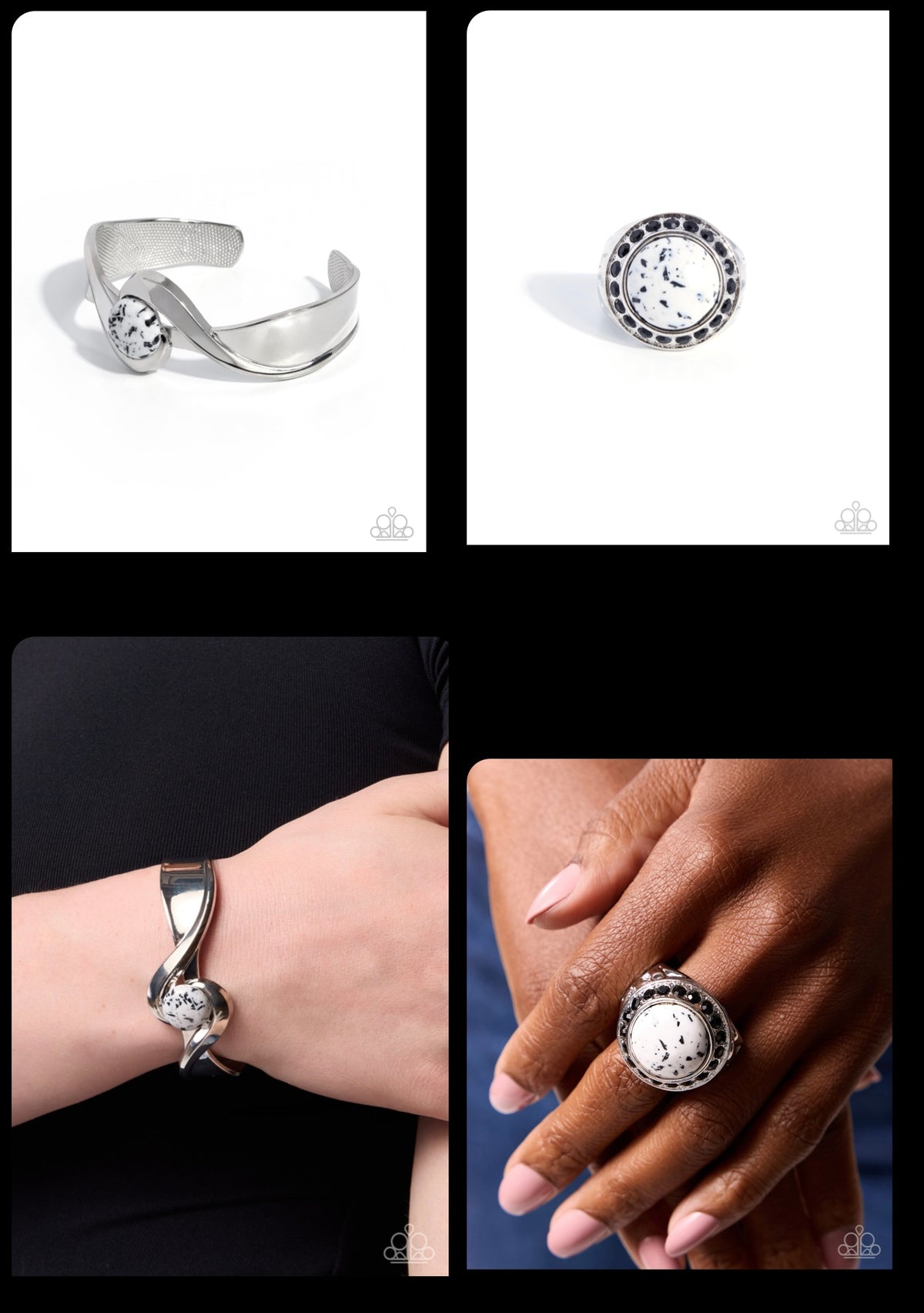 Utterly Enchanted - White Cuff Bracelet and Stone Selfie White Ring Set (2-Piece)