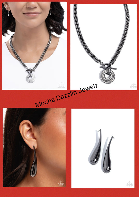 Breathlessly Bold - Black Paparazzi Necklace and Elongated Effort Black Earrings Set