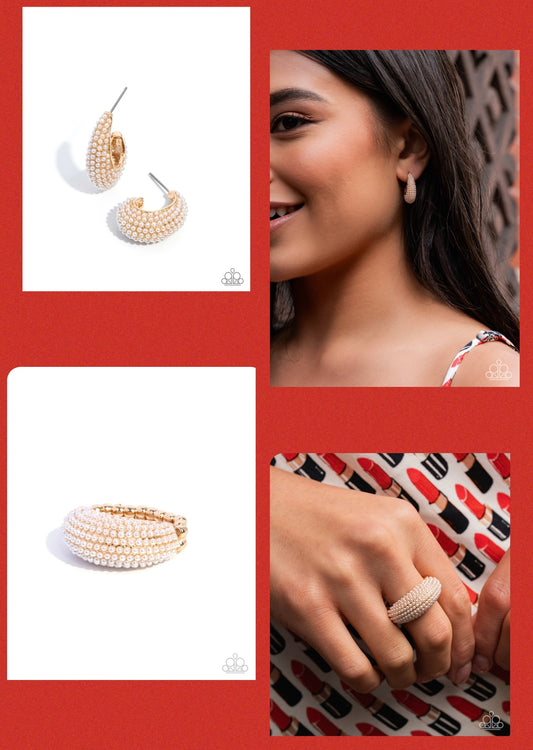Opulent Overboard - Gold Ring and Particular Pearls Gold Earrings ( 2 Piece Paparazzi Set)