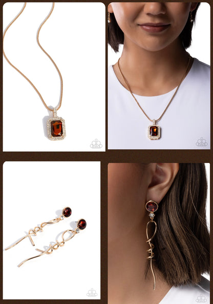Exaggerated Emerald - Brown - Necklace and Pretty Pirouette - Brown - Earrings Paparazzi Set