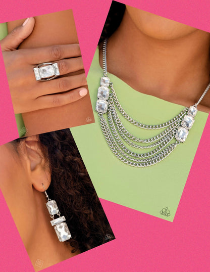 Come CHAIN or Shine - White Necklace, CHAIN Check - White Earrings and Right As CHAIN Ring (Magnificent Musings -3-Piece)