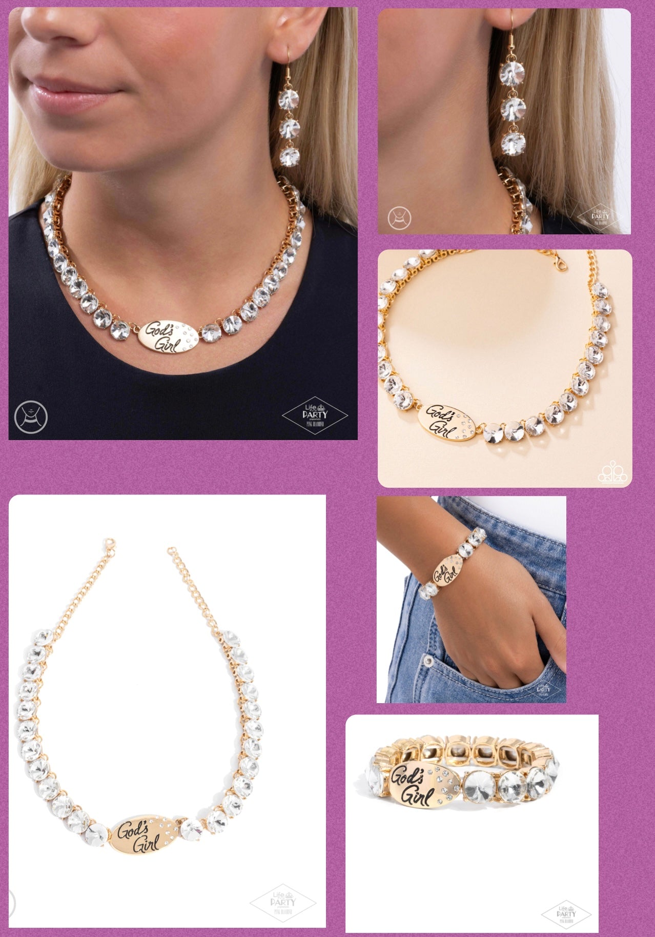 God's Girl - Gold - Choker Necklace, God's Grace Gold -Bracelet and Shine with Purpose Gold Hoop Earrings (3-Piece Set)