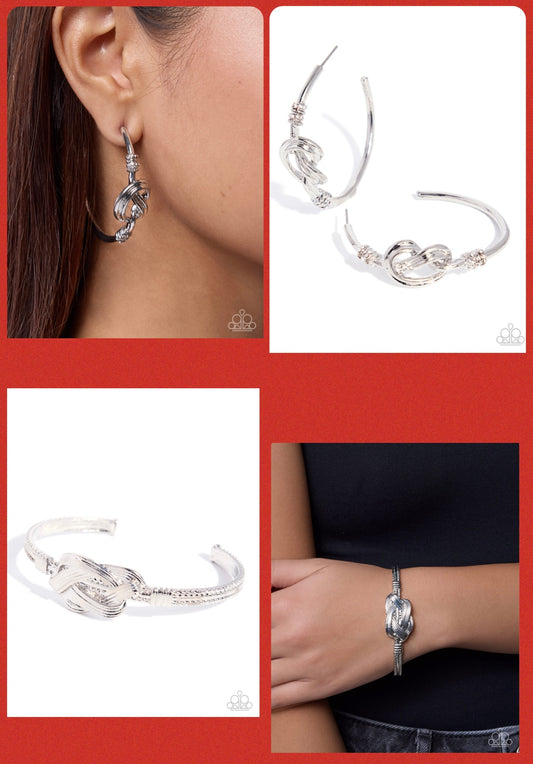 You Are KNOT Alone - White Hoop Earrings and More Often Than KNOT Cuff Bracelet Set (2-Piece)