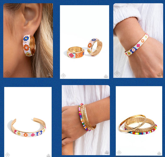 Multicolored Makeover - Gold Earrings, Multicolored Moment - Gold Cuff Bracelet and Multicolored Medley - Gold Bangle Bracelet