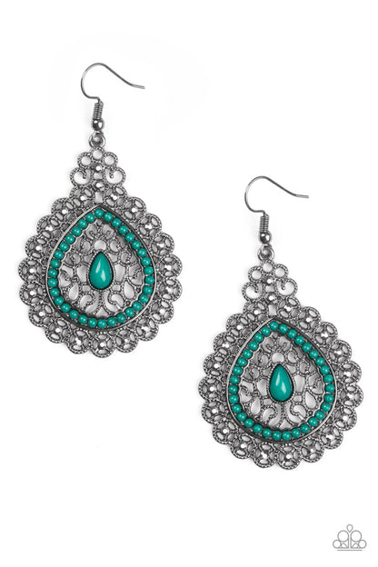 Carnival Courtesan - Green Fish Hook Earrings
