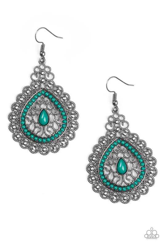 Carnival Courtesan - Green Fish Hook Earrings