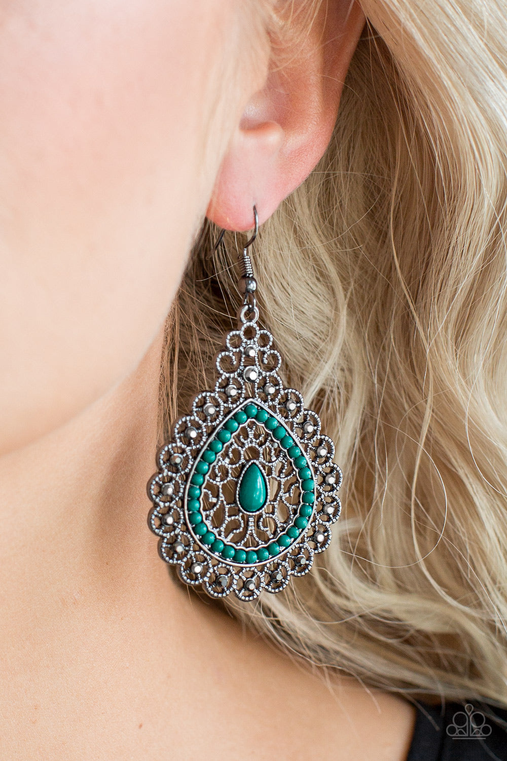 Carnival Courtesan - Green Fish Hook Earrings