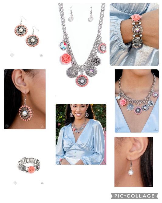 Garden Grace - Orange - Necklace, Optimistic Oasis - Orange Bracelet and Effortlessly Eden Orange Earrings
