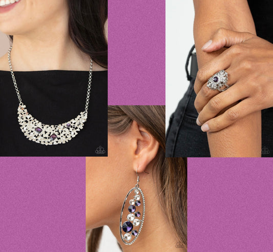 Fabulously Fragmented - Purple Necklace, Rock Candy Bubbly Purple Earrings and Dining with Royalty - Purple Ring