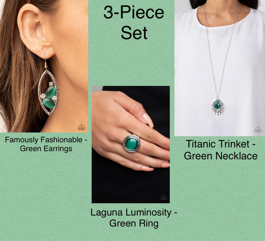 Famously Fashionable - Green Earrings, Laguna Luminosity - Green Ring,